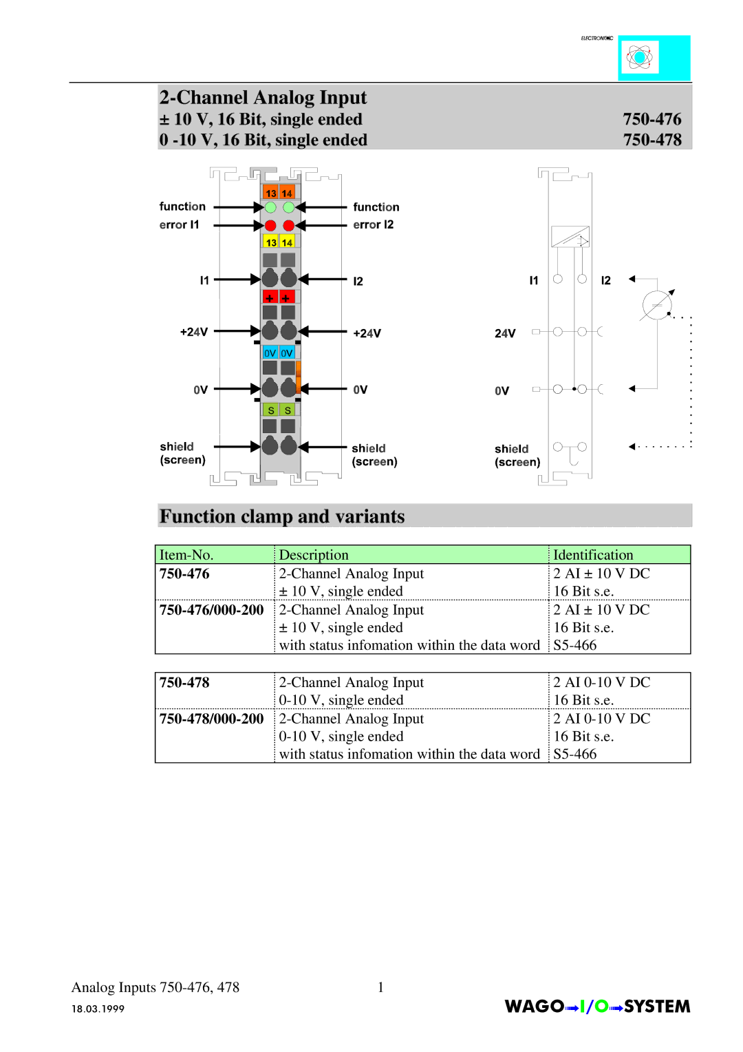 Quatech INTERBUS S manual Channel Analog Input, Function clamp and variants, 10 V, 16 Bit, single ended 750-476 750-478 