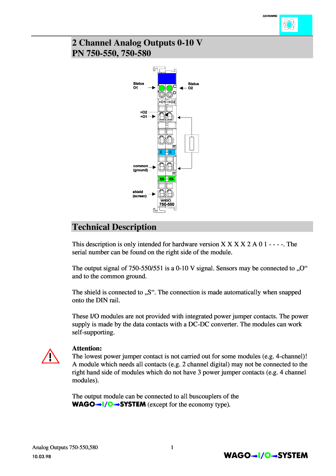 Quatech INTERBUS S manual Channel Analog Outputs 0-10 V PN 750-550 Technical Description, AnalogOutputs 750-550,580 