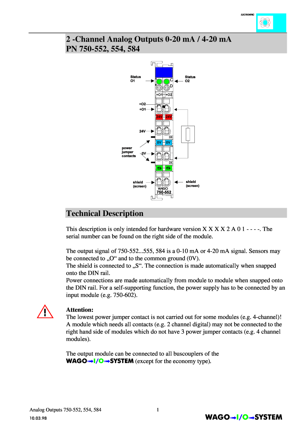 Quatech INTERBUS S manual Channel Analog Outputs 0-20 mA / 4-20 mA PN 750-552, 554, Technical Description 