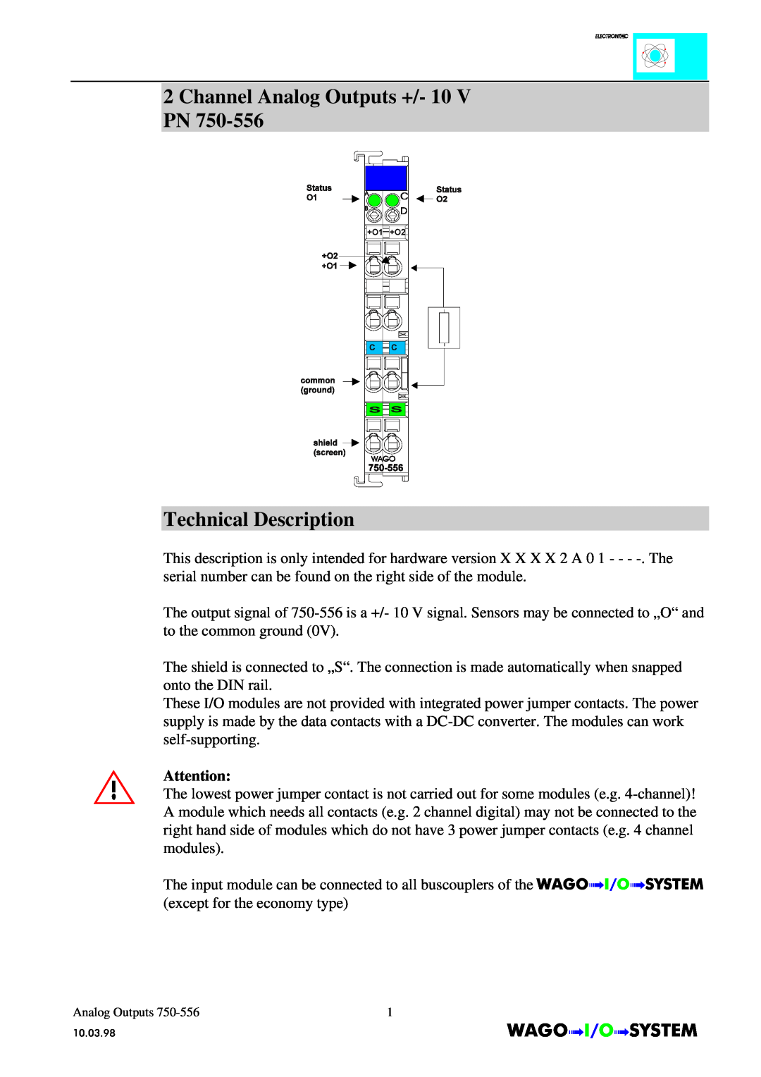 Quatech INTERBUS S manual Channel Analog Outputs +/- 10 V PN Technical Description, AnalogOutputs 