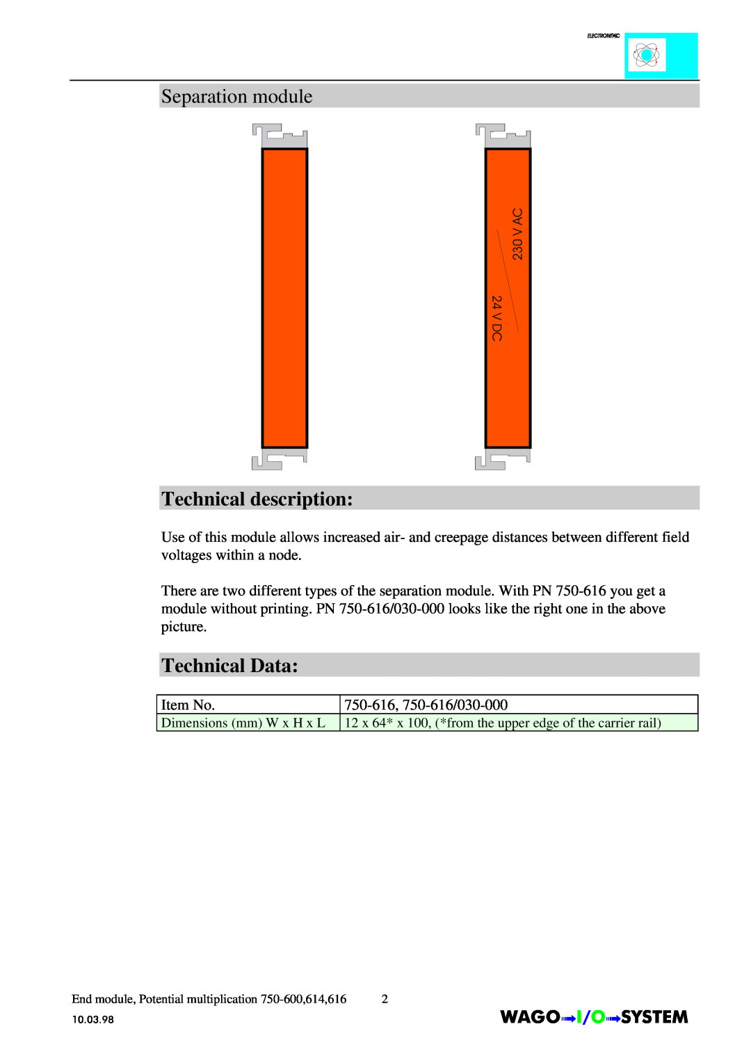 Quatech INTERBUS S manual Separation module, Technical description, Technical Data 