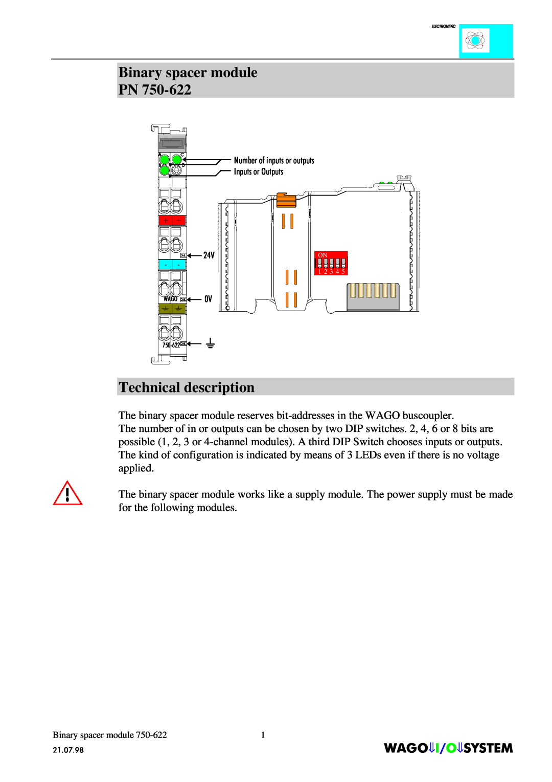 Quatech INTERBUS S manual Binary spacer module PN, Technical description, $*2,26670, 1 2 3 4 