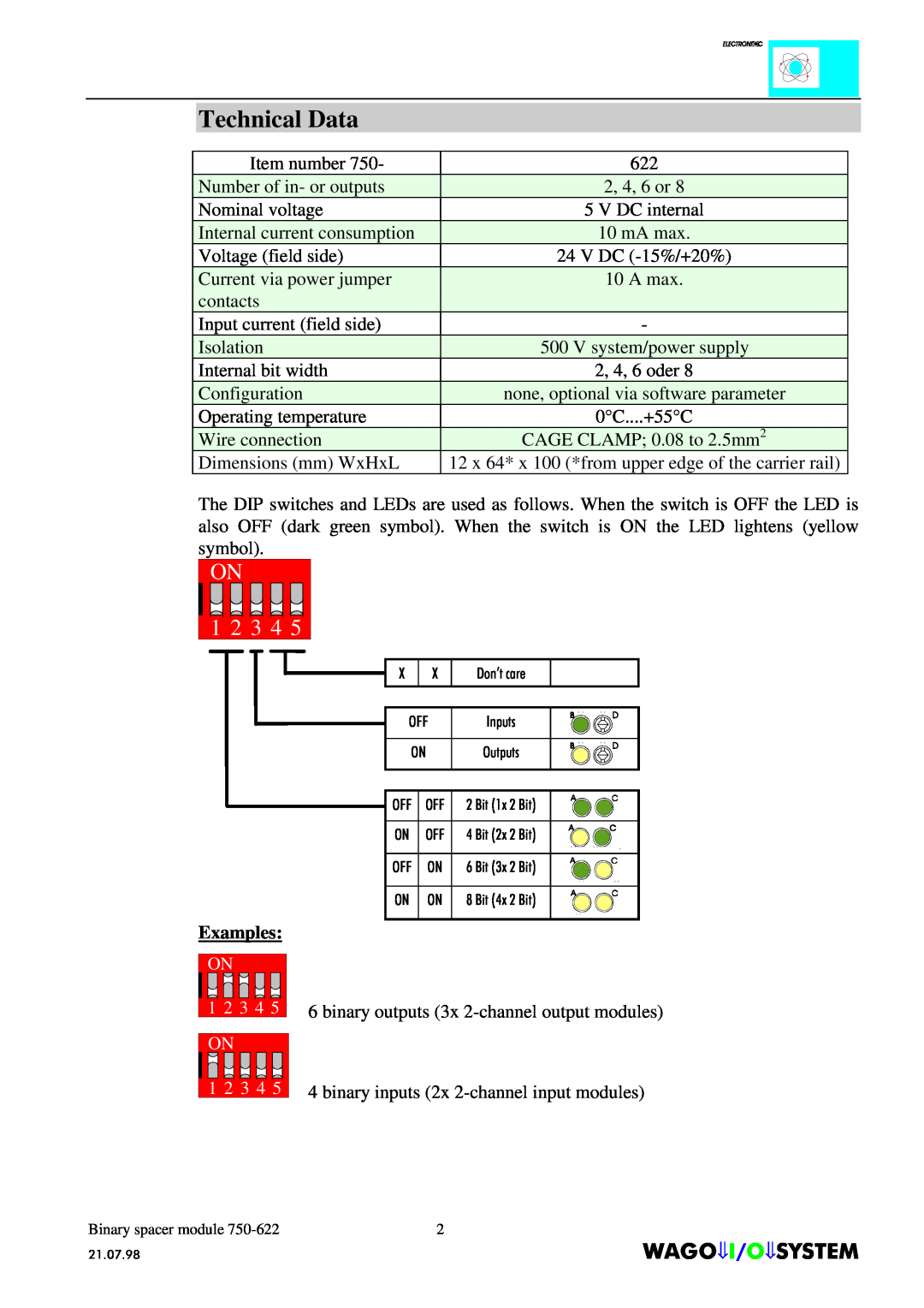 Quatech INTERBUS S manual Technical Data, $*2,26670, Examples, ON 1 2 3 4 