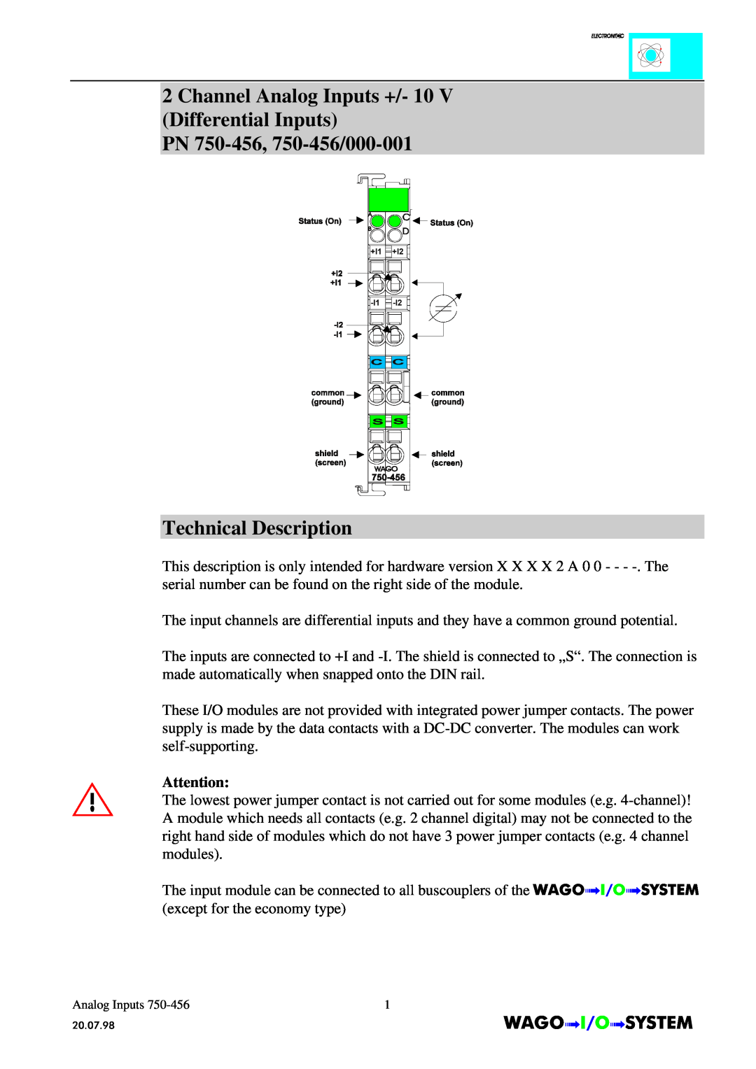 Quatech INTERBUS S Channel Analog Inputs +/- 10 V Differential Inputs, PN 750-456, 750-456/000-001 Technical Description 
