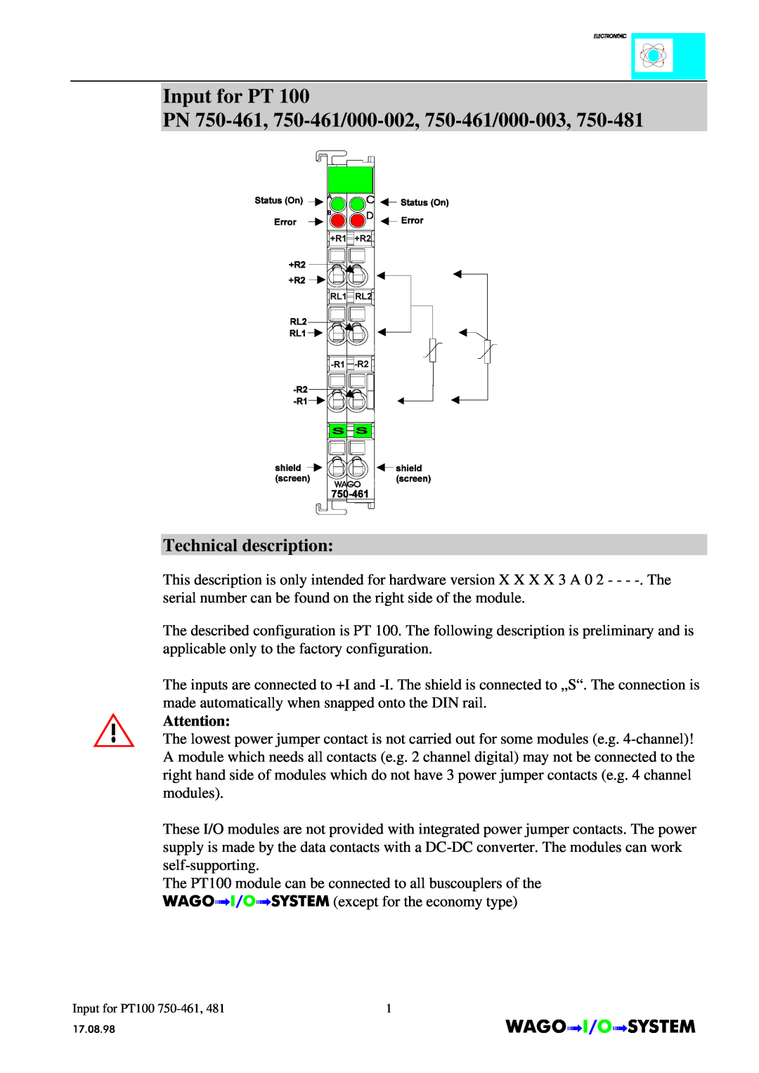 Quatech INTERBUS S manual Input for PT PN 750-461, 750-461/000-002, 750-461/000-003, Technical description, Inputfor PT100 