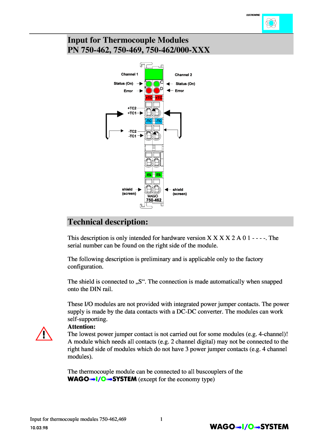Quatech INTERBUS S manual Input for Thermocouple Modules PN 750-462, 750-469, 750-462/000-XXX, Technical description 