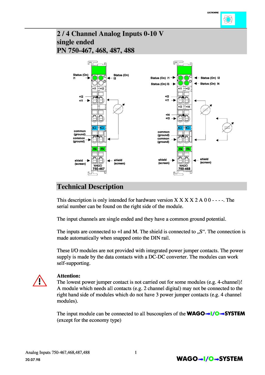 Quatech INTERBUS S manual 2 / 4 Channel Analog Inputs 0-10 V single ended PN 750-467, 468, 487, Technical Description 
