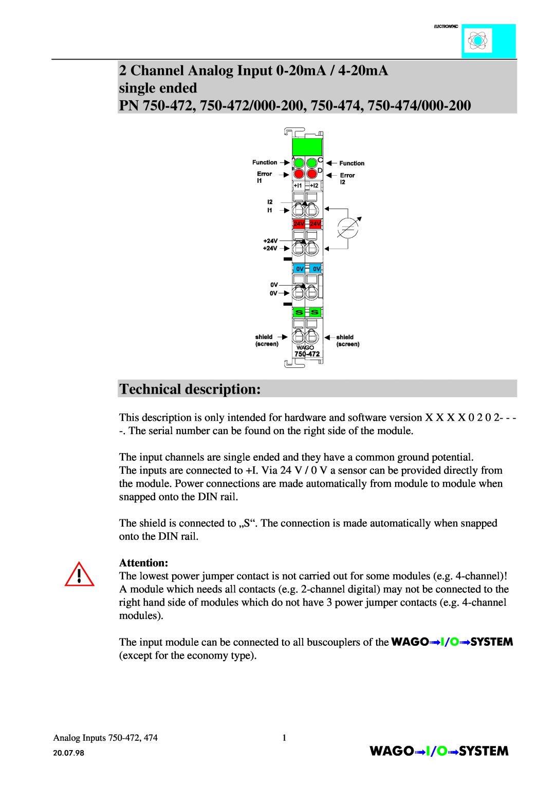 Quatech INTERBUS S manual Channel Analog Input 0-20mA / 4-20mA single ended, Technical description, AnalogInputs 750-472 