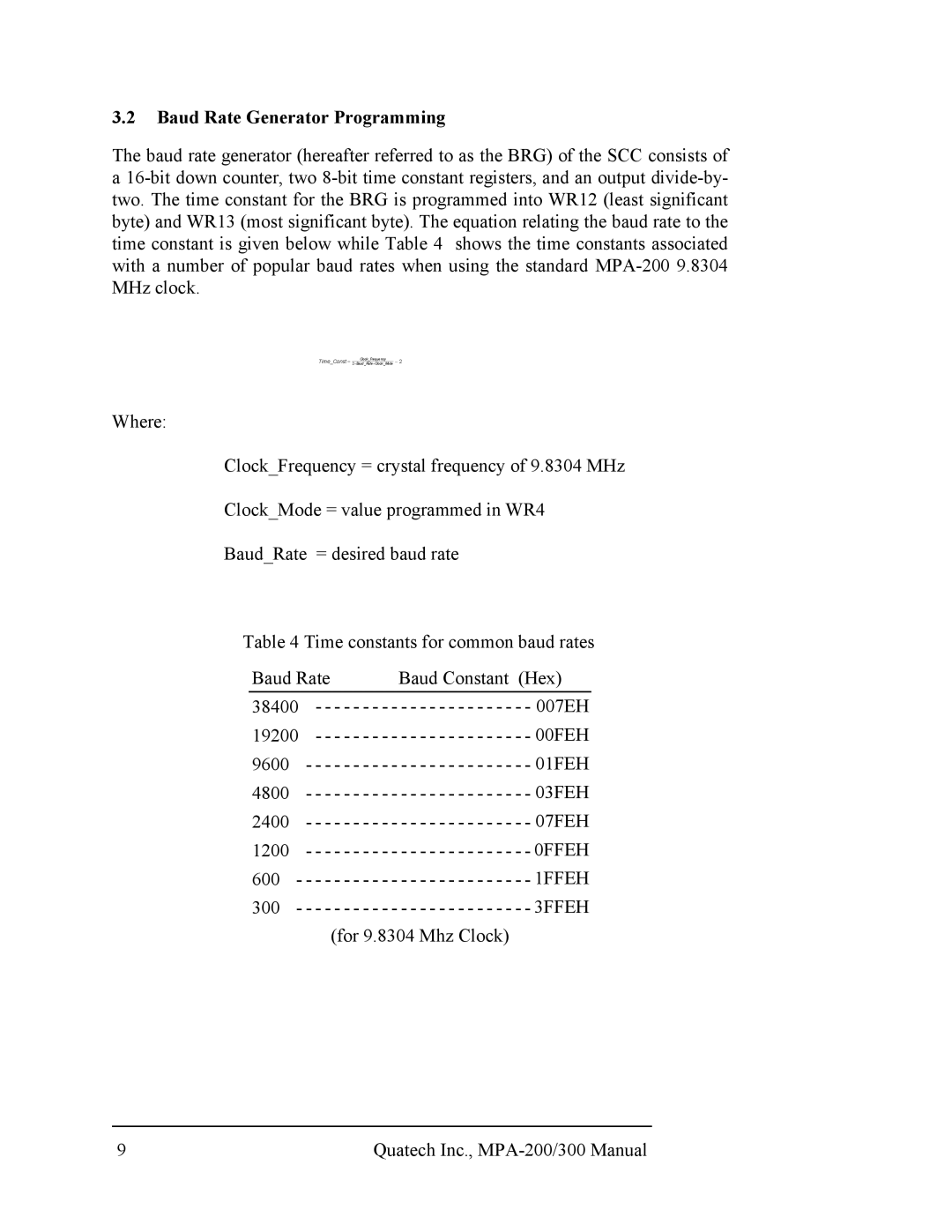 Quatech RS-422/485, MPA-200/300 user manual Baud Rate Generator Programming 