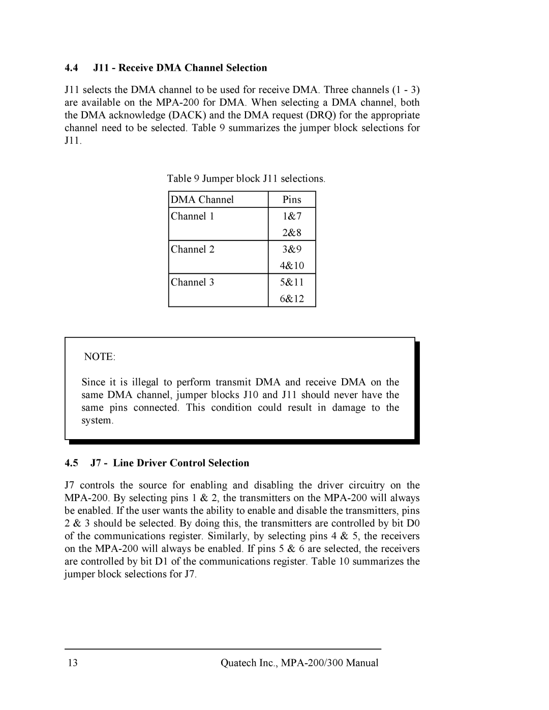 Quatech RS-422/485, MPA-200/300 user manual J11 Receive DMA Channel Selection, J7 Line Driver Control Selection 
