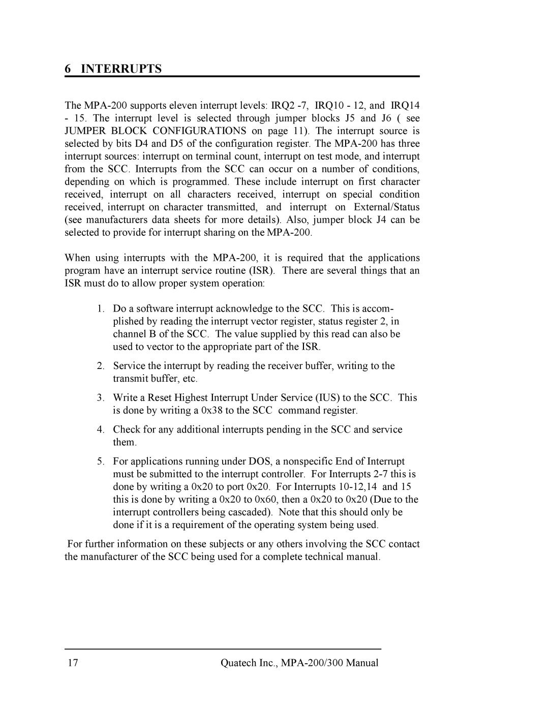 Quatech RS-422/485, MPA-200/300 user manual Interrupts 