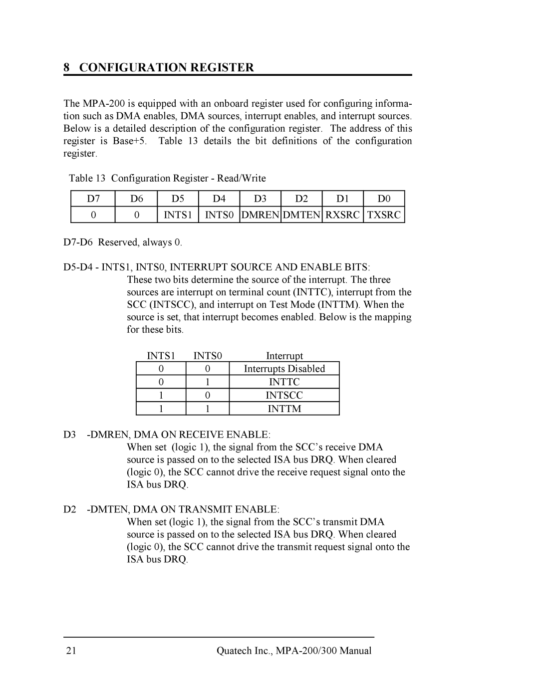 Quatech RS-422/485, MPA-200/300 user manual Configuration Register 