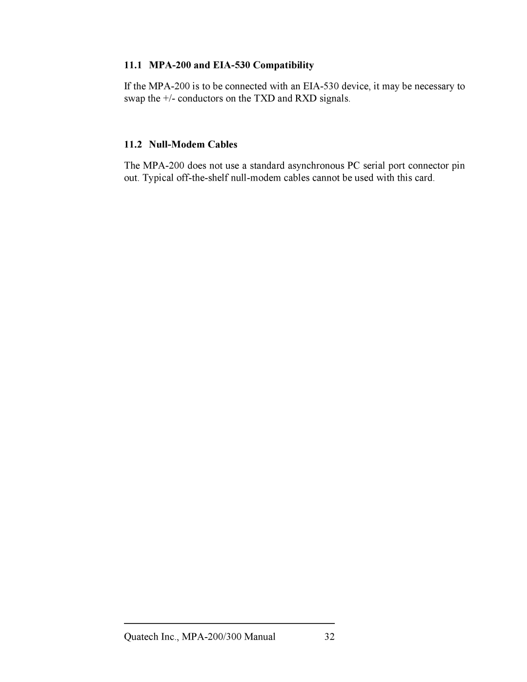 Quatech MPA-200/300, RS-422/485 user manual MPA-200 and EIA-530 Compatibility, Null-Modem Cables 