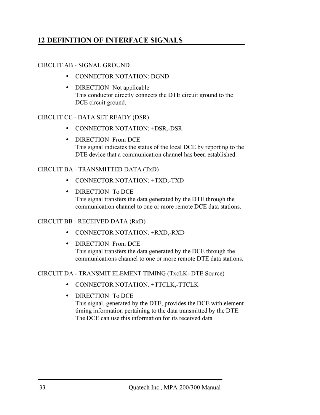 Quatech RS-422/485, MPA-200/300 user manual Circuit AB Signal Ground Connector Notation Dgnd, Connector Notation +TXD,-TXD 