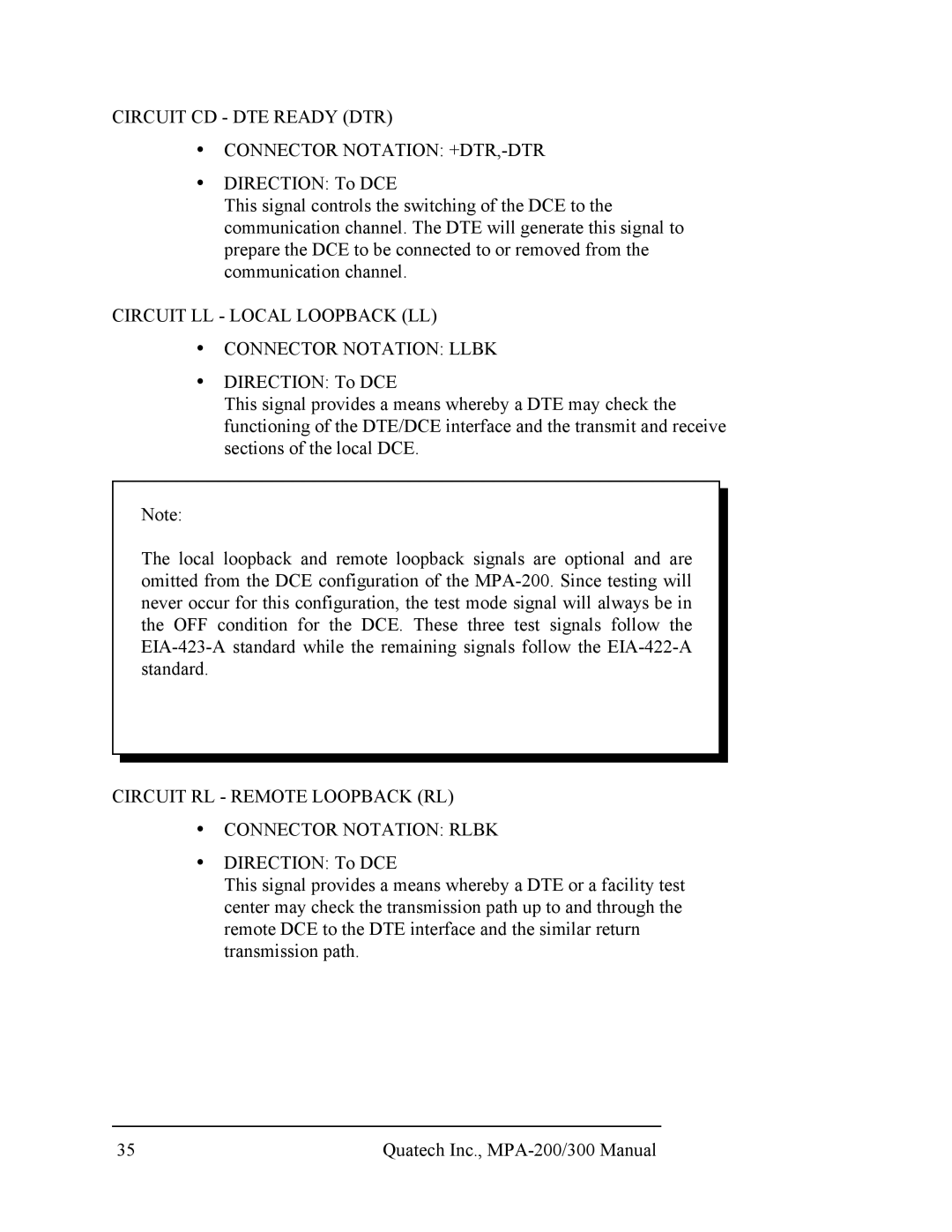 Quatech RS-422/485, MPA-200/300 user manual Circuit CD DTE Ready DTR Connector Notation +DTR,-DTR 