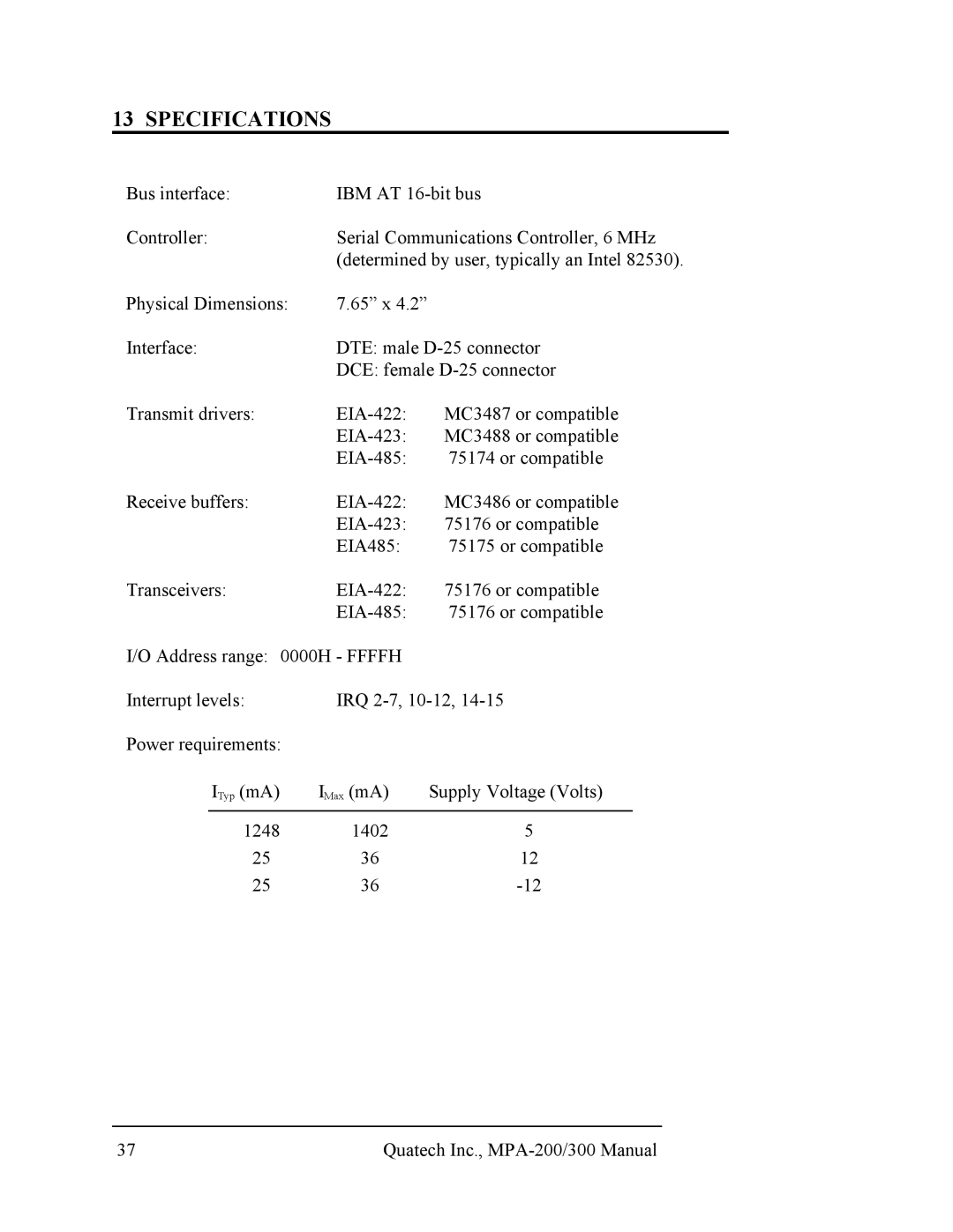 Quatech RS-422/485, MPA-200/300 user manual Specifications 