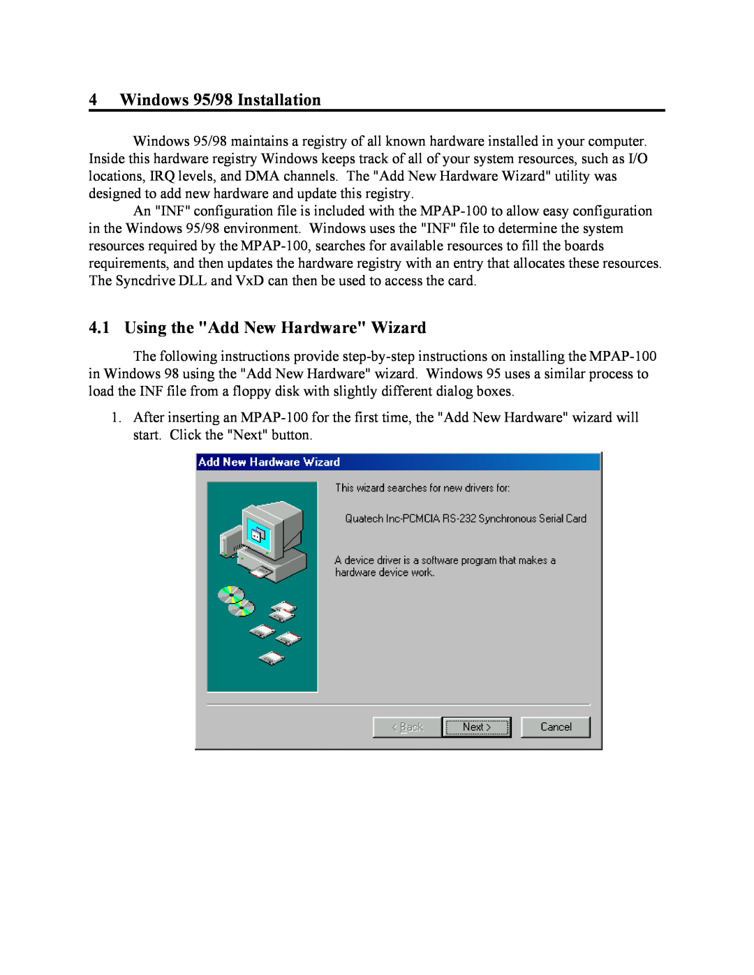 Quatech MPAP-100 user manual Windows 95/98 Installation, Using the Add New Hardware Wizard 
