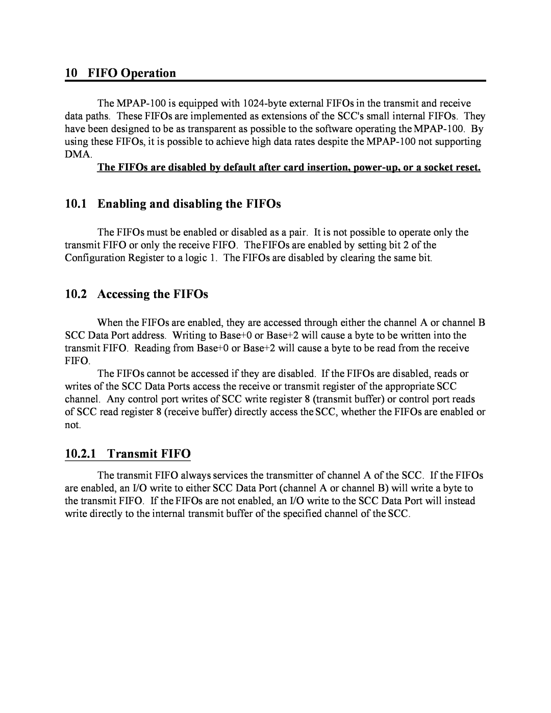 Quatech MPAP-100 user manual FIFO Operation, Enabling and disabling the FIFOs, Accessing the FIFOs, Transmit FIFO 