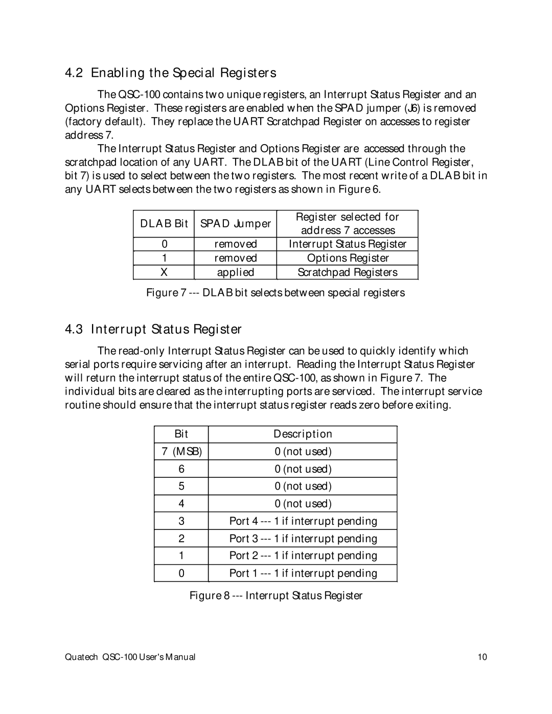 Quatech QSC-100 user manual Enabling the Special Registers, Interrupt Status Register 