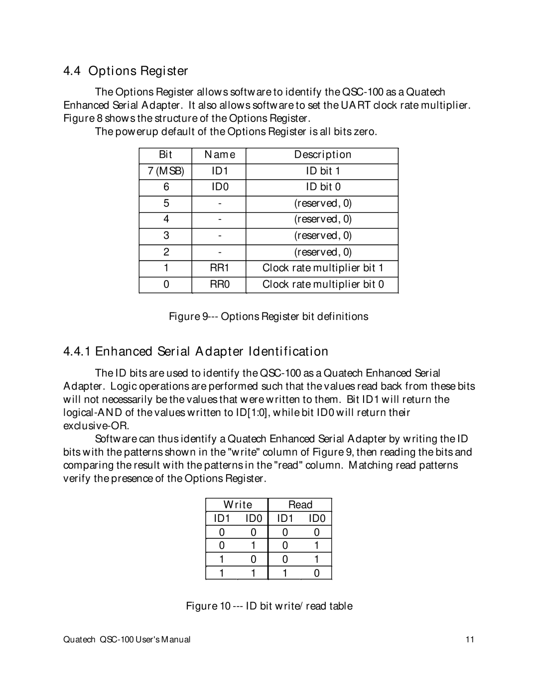 Quatech QSC-100 user manual Options Register, Enhanced Serial Adapter Identification 