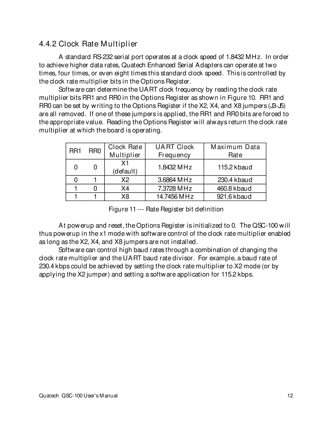 Quatech QSC-100 user manual Clock Rate Multiplier, RR1 RR0 