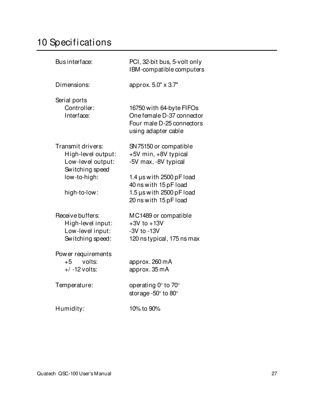 Quatech QSC-100 user manual Specifications 