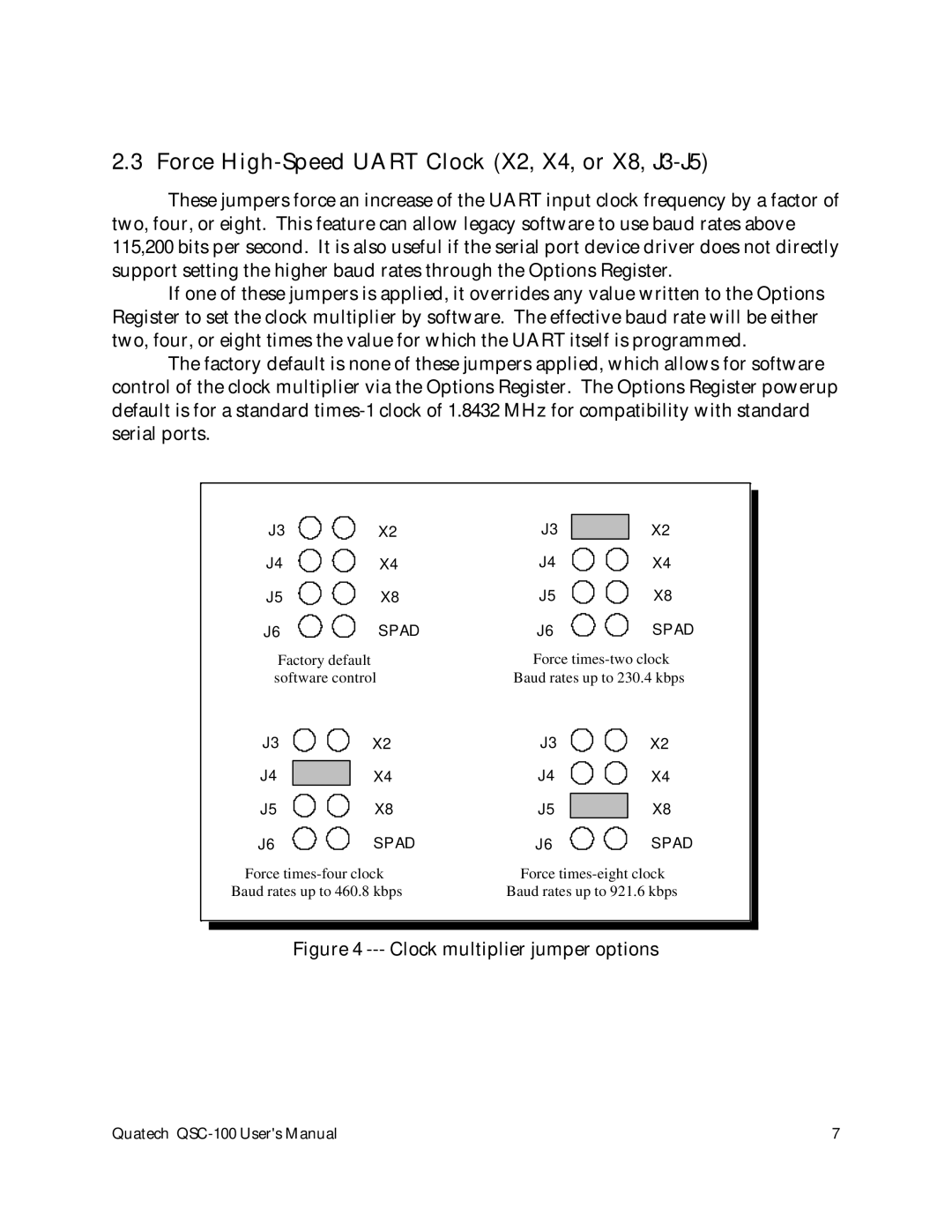 Quatech QSC-100 user manual Force High-Speed Uart Clock X2, X4, or X8, J3-J5, Clock multiplier jumper options 