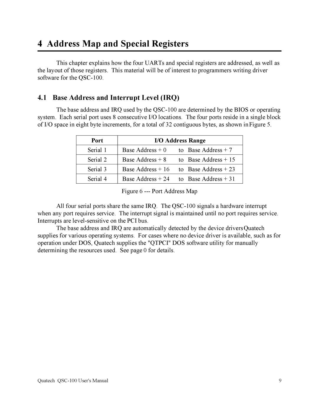 Quatech QSC-100 user manual Address Map and Special Registers, Base Address and Interrupt Level IRQ, Port Address Range 