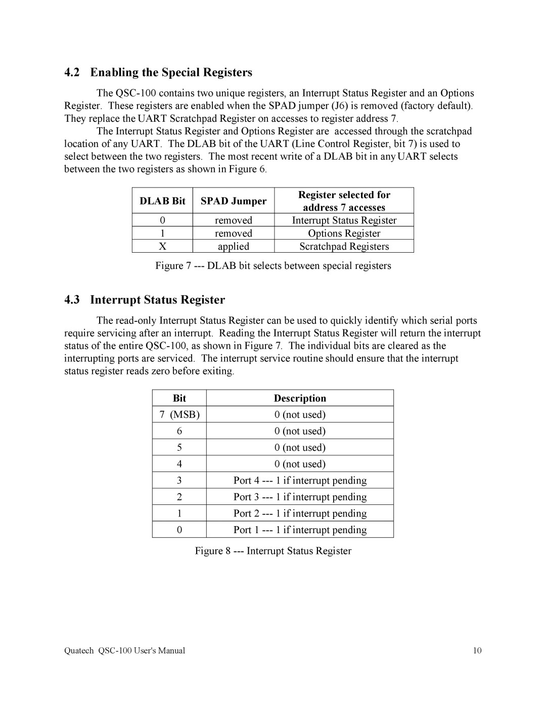 Quatech QSC-100 Enabling the Special Registers, Interrupt Status Register, Dlab Bit Spad Jumper Register selected for 