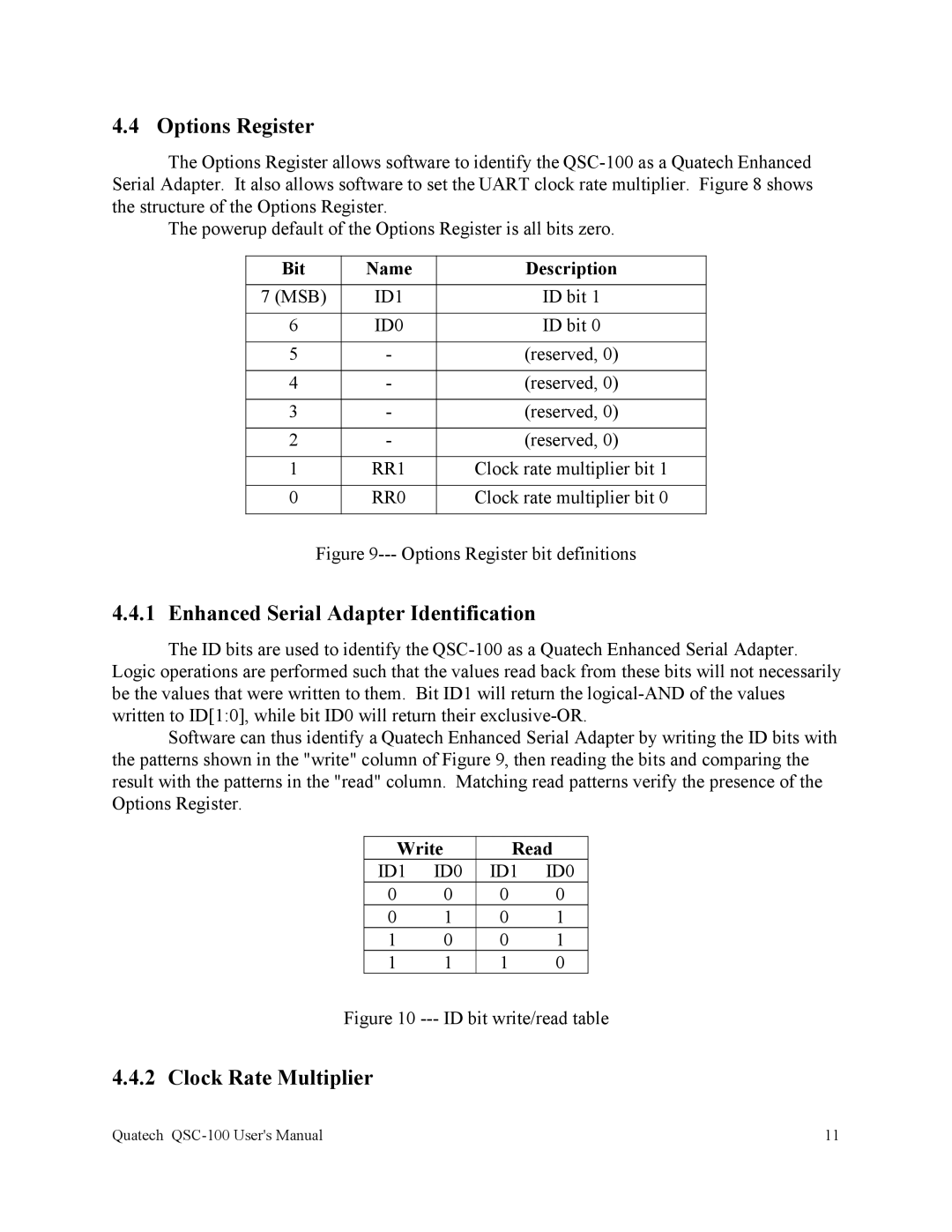 Quatech QSC-100 Options Register, Enhanced Serial Adapter Identification, Clock Rate Multiplier, Bit Name Description 