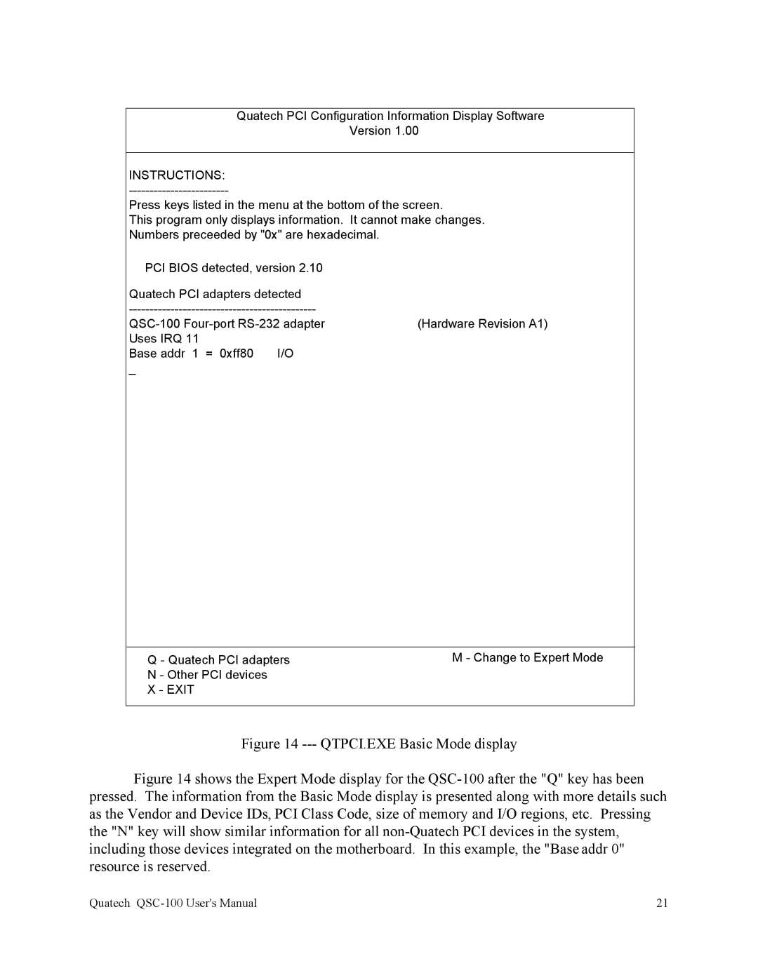 Quatech QSC-100 user manual QTPCI.EXE Basic Mode display 