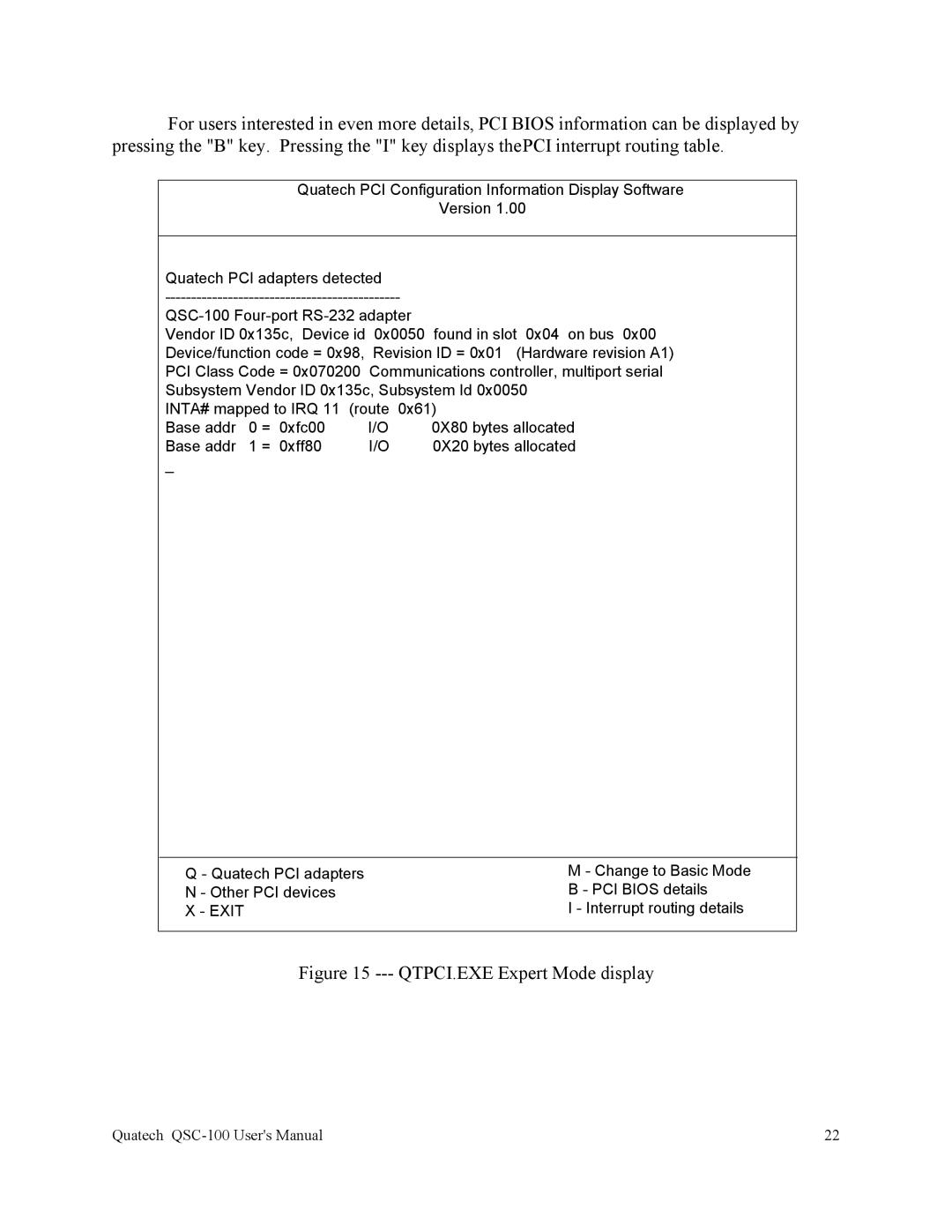 Quatech QSC-100 user manual QTPCI.EXE Expert Mode display 