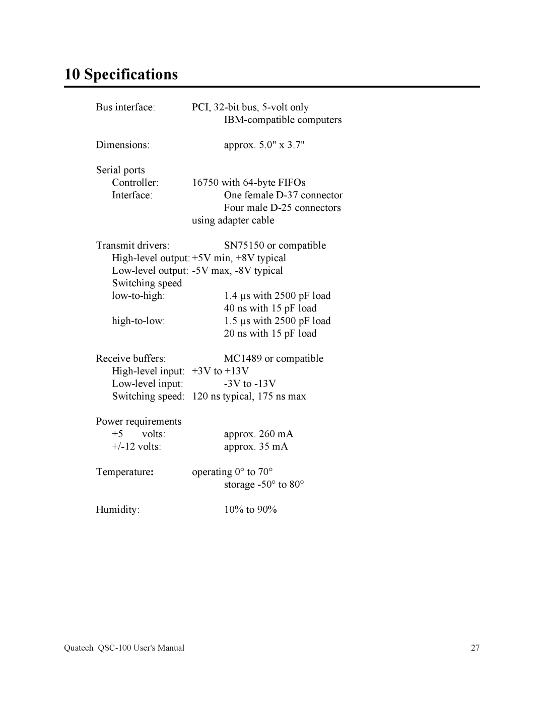 Quatech QSC-100 user manual Specifications 