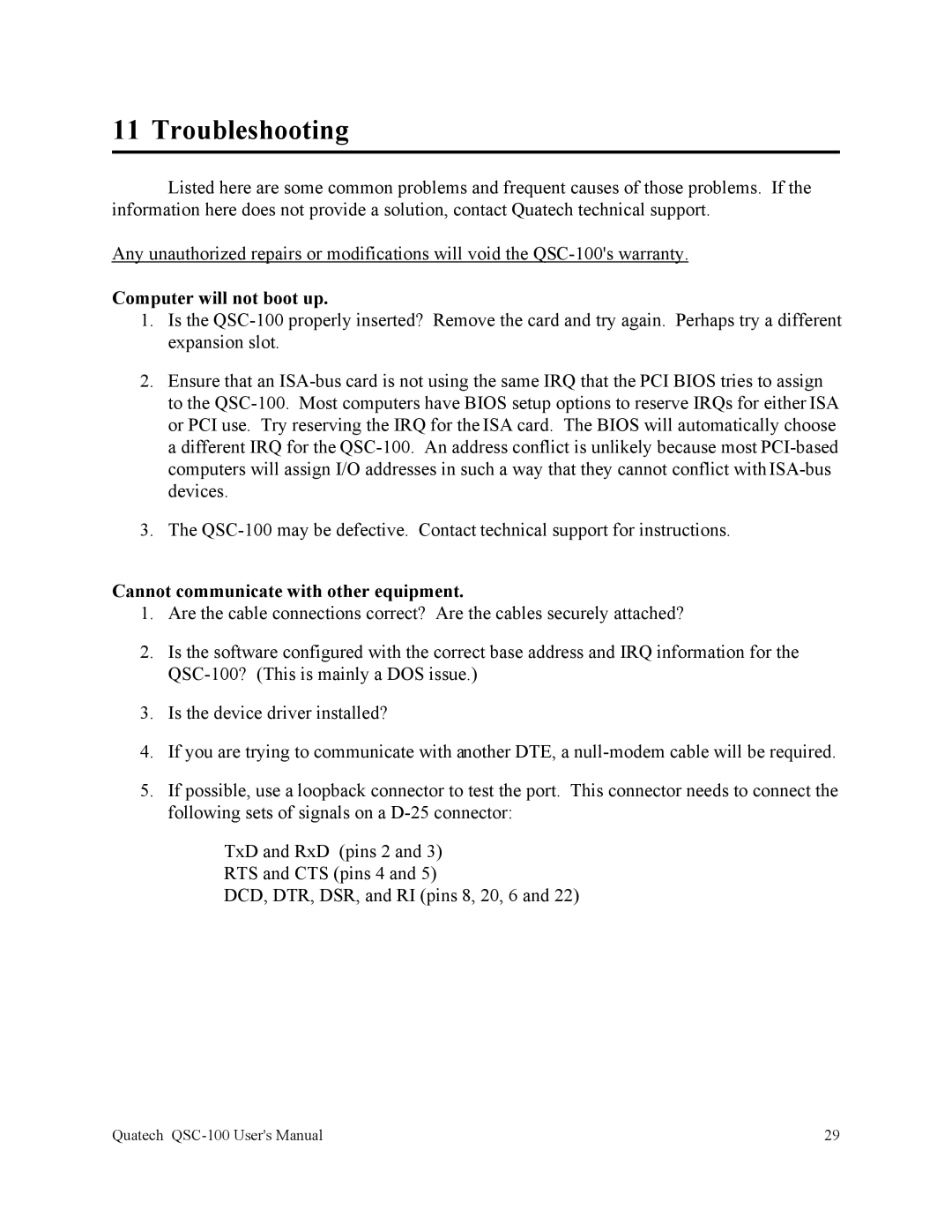 Quatech QSC-100 user manual Troubleshooting, Computer will not boot up, Cannot communicate with other equipment 