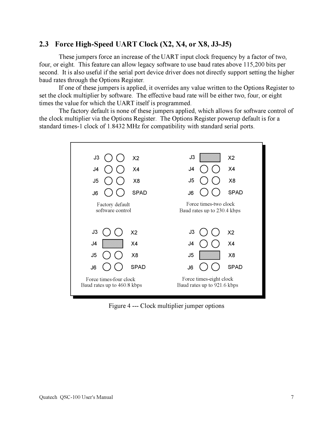 Quatech QSC-100 user manual Force High-Speed Uart Clock X2, X4, or X8, J3-J5, Clock multiplier jumper options 