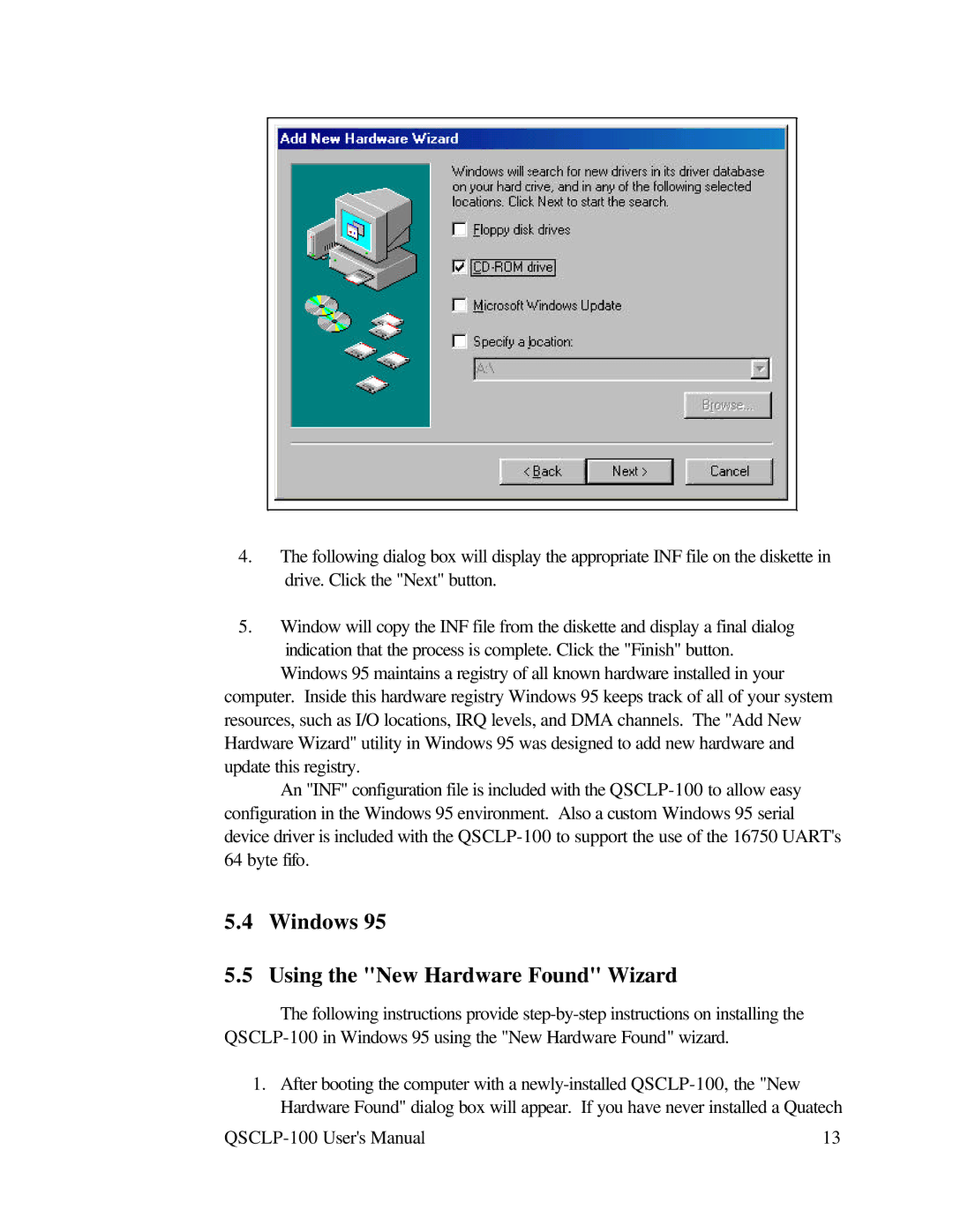 Quatech QSCLP-100 user manual Windows Using the New Hardware Found Wizard 