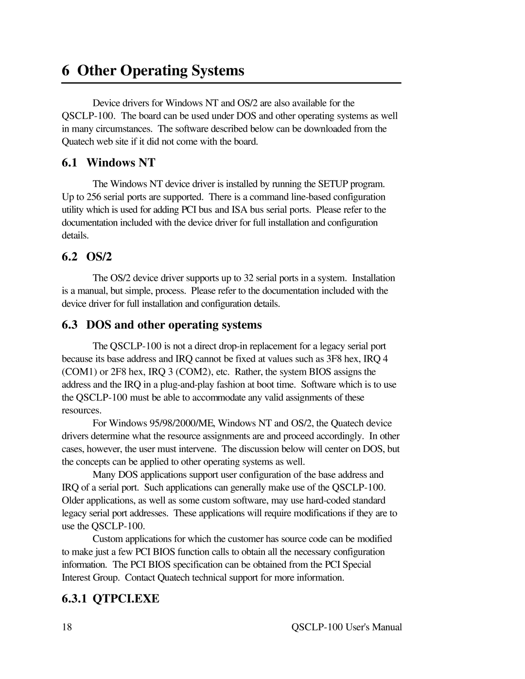 Quatech QSCLP-100 user manual Other Operating Systems, Windows NT, OS/2, DOS and other operating systems 