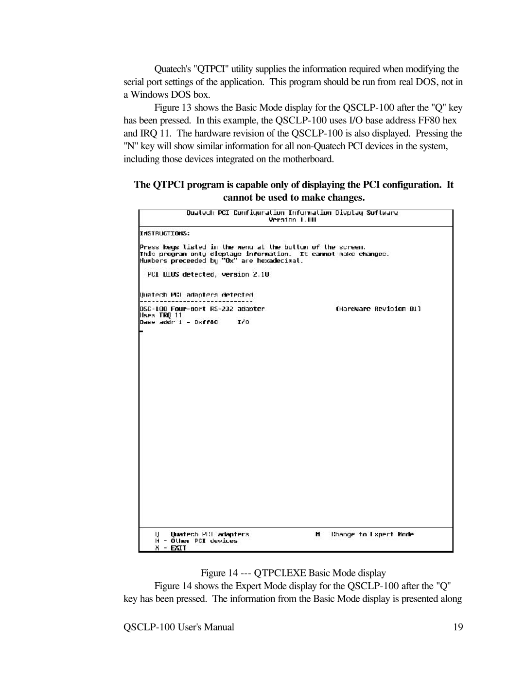 Quatech QSCLP-100 user manual QTPCI.EXE Basic Mode display 