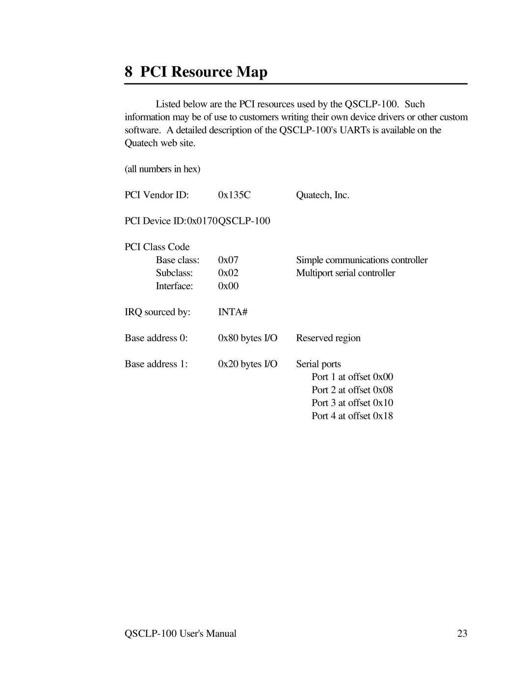 Quatech QSCLP-100 user manual PCI Resource Map, Inta# 