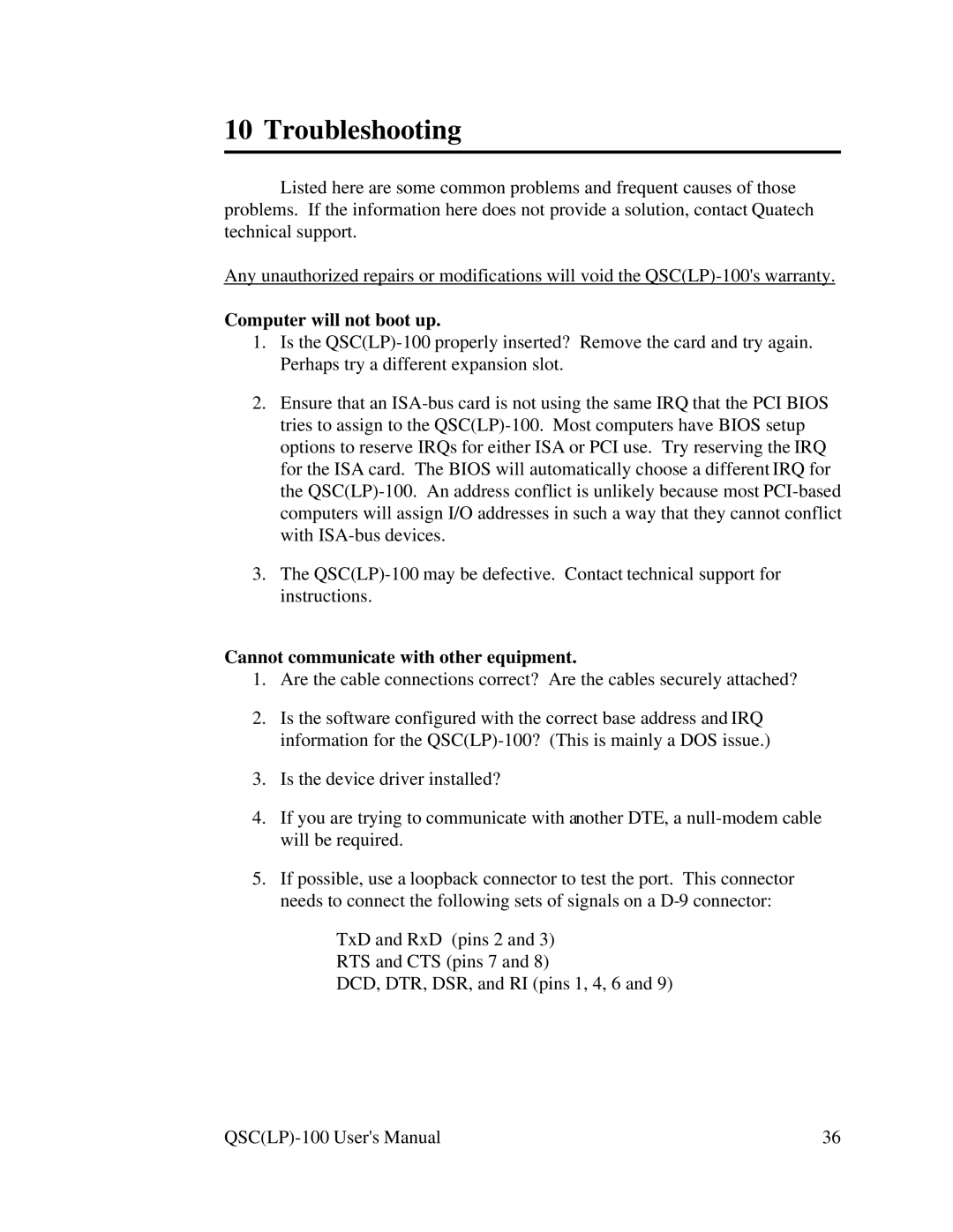 Quatech QSC(LP)-100 user manual Troubleshooting, Computer will not boot up 