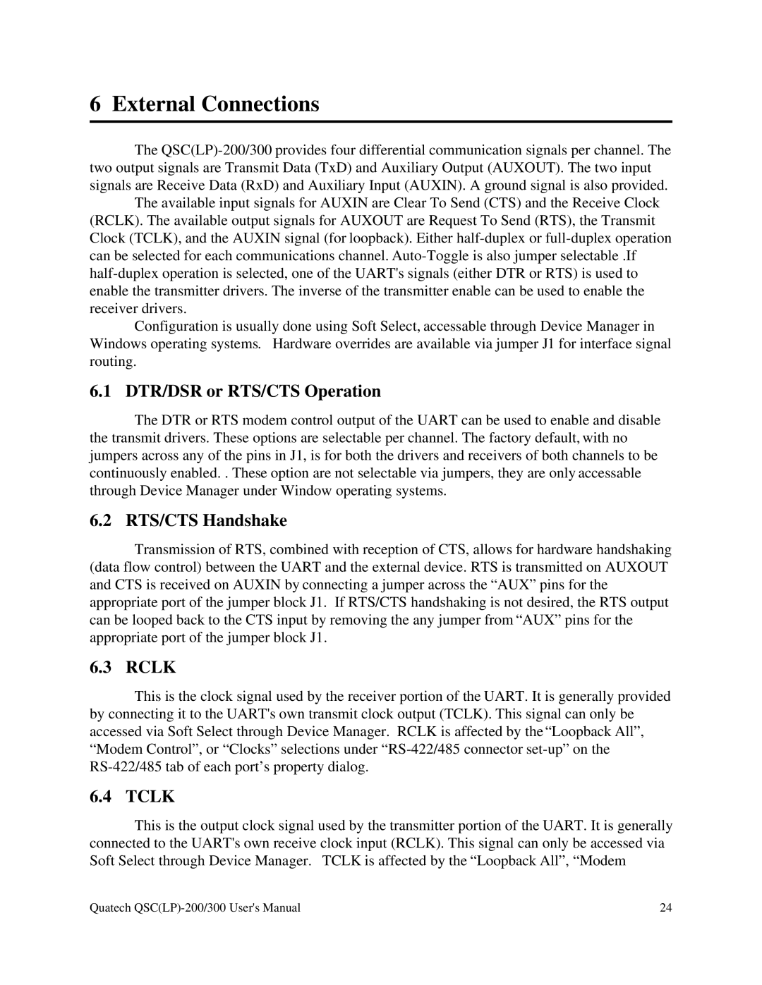 Quatech QSC(LP)-300 user manual DTR/DSR or RTS/CTS Operation, RTS/CTS Handshake, Rclk, Tclk 