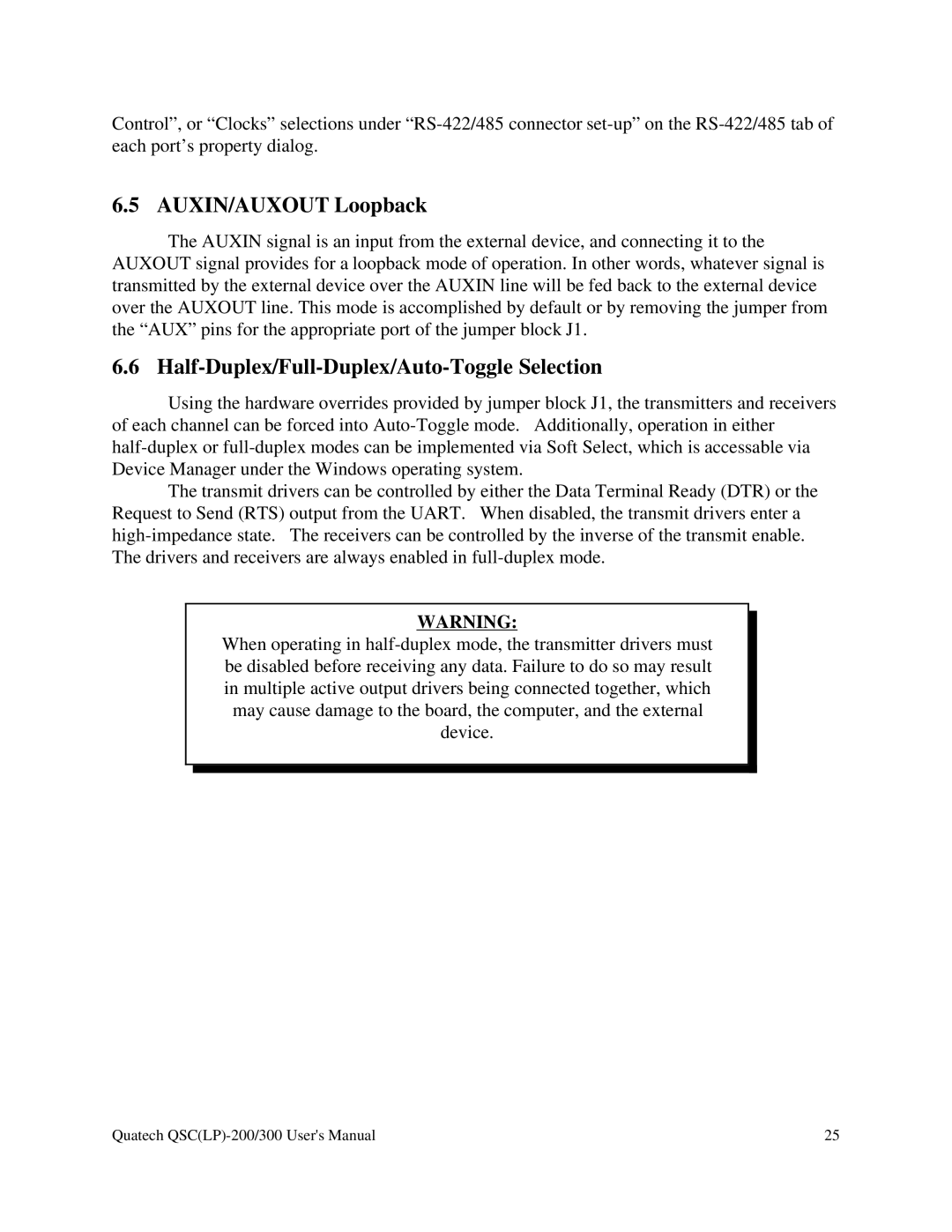 Quatech QSC(LP)-300 user manual AUXIN/AUXOUT Loopback, Half-Duplex/Full-Duplex/Auto-Toggle Selection 