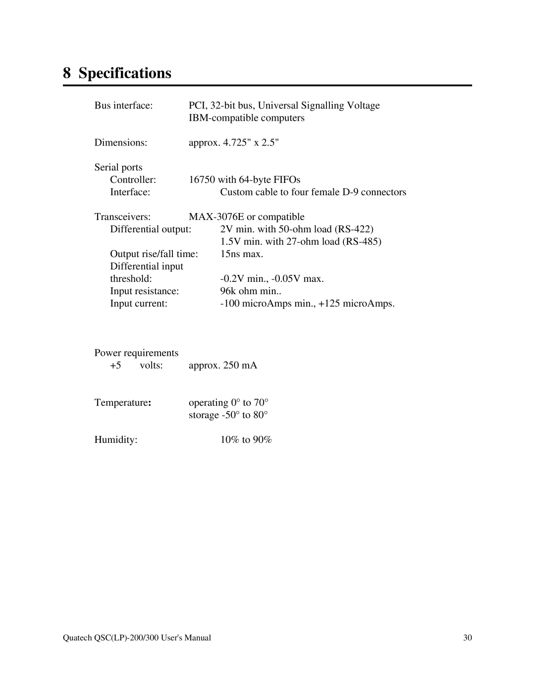 Quatech QSC(LP)-300 user manual Specifications 