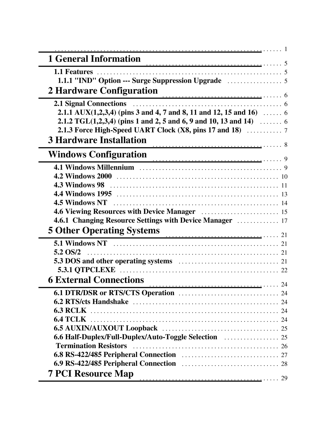 Quatech QSC(LP)-300 General Information, External Connections, PCI Resource Map, IND Option --- Surge Suppression Upgrade 