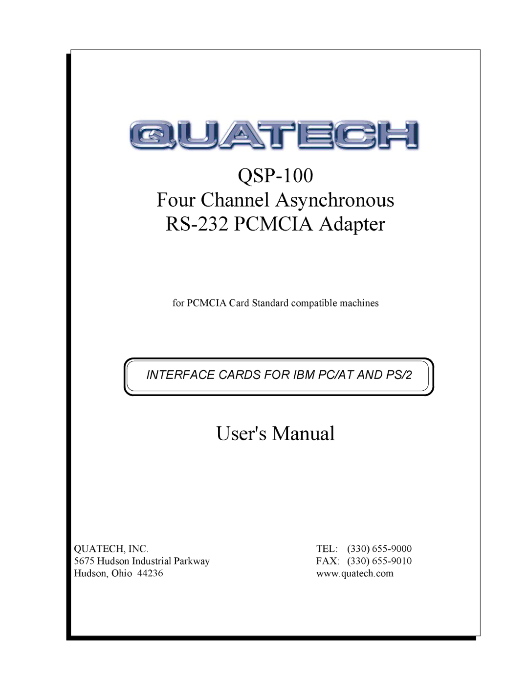 Quatech user manual QSP-100 Four Channel Asynchronous RS-232 Pcmcia Adapter 