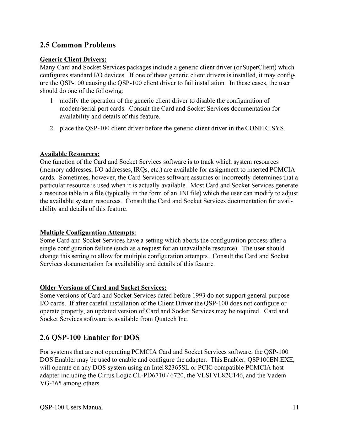 Quatech user manual Common Problems, QSP-100 Enabler for DOS 