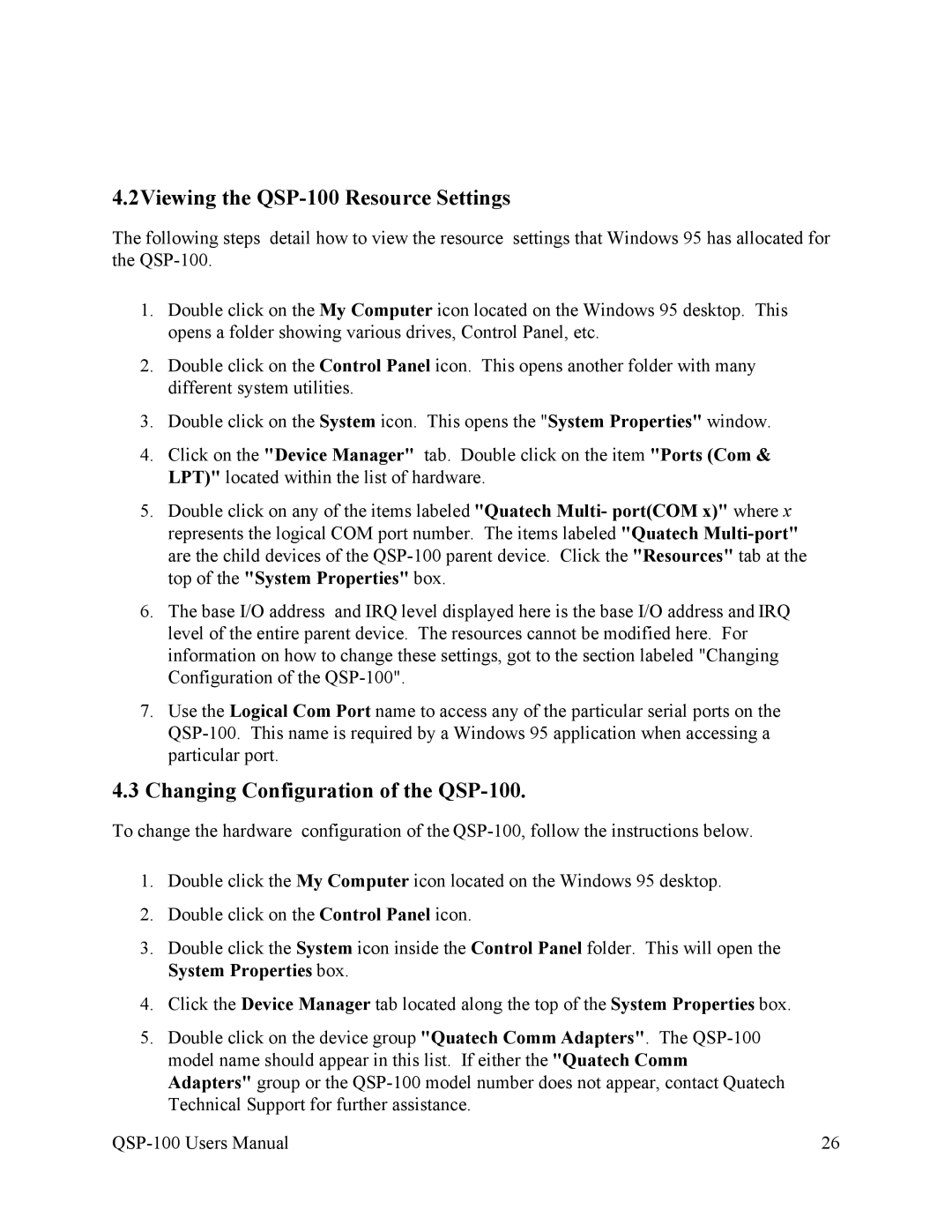 Quatech user manual 2Viewing the QSP-100 Resource Settings, Changing Configuration of the QSP-100 