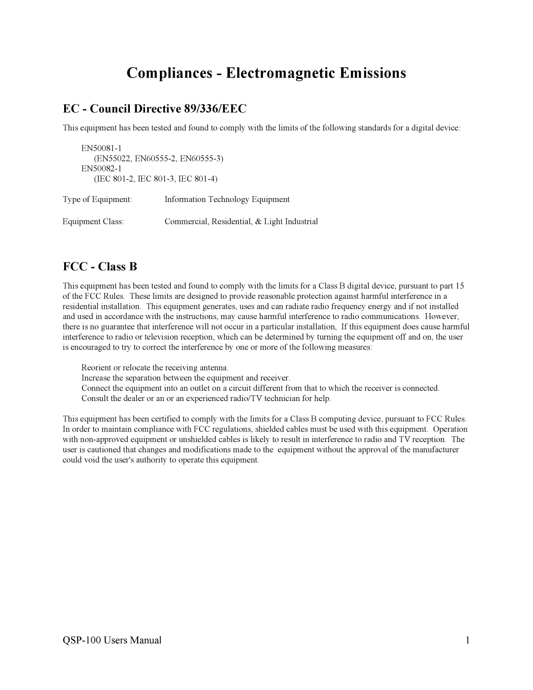 Quatech QSP-100 user manual Compliances Electromagnetic Emissions, EC Council Directive 89/336/EEC, FCC Class B 