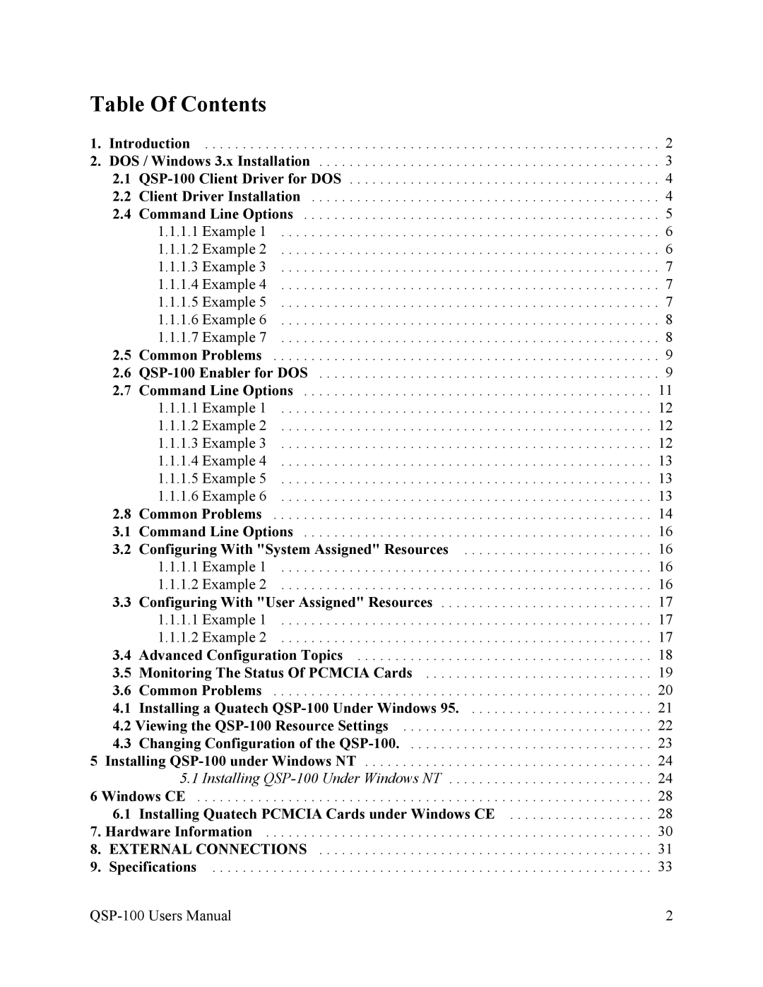 Quatech QSP-100 user manual Table Of Contents 