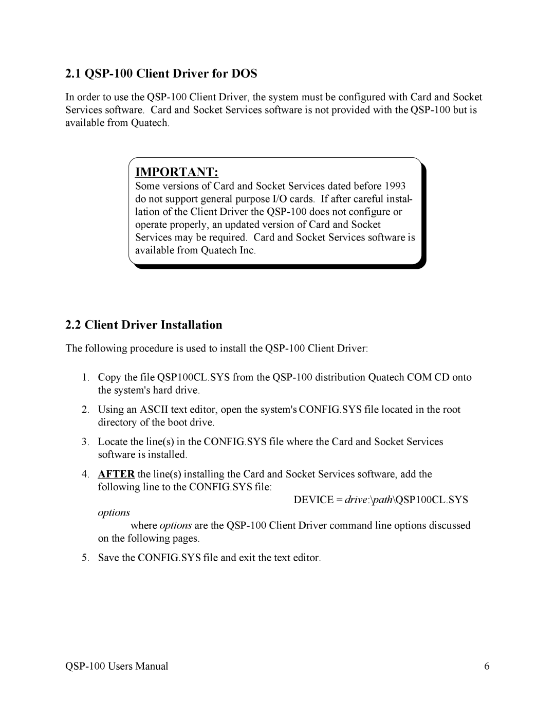 Quatech user manual QSP-100 Client Driver for DOS, Client Driver Installation 